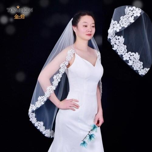 TOPQUEEN V74 Bridal Veils Wedding Short Soft Italian Tulle Veil Elbow Length Lace Wedding Veil with Partial Trim Veu Bride Short