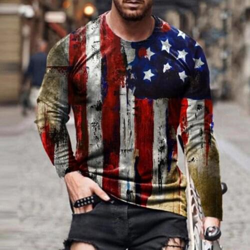 2021 Mens Long Sleeve Oversize T-shirts Autumn New Fashion American Flag Print Top O-neck Vintage Tshirts For Men Clothing