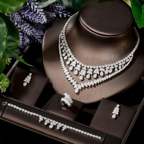 HIBRIDE Top New White Cubic Zirconia Full Micro Pave Necklace Earring Set 4pcs Nigeria Weeding Women Heavy Dinner Jewelry N-1598