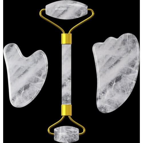 Rock Crystal Face Roller Massager Face Lifting Gua Sha Board Natural Jade Stone Facial Massage Roller Gouache Scraper Kit