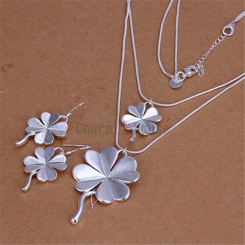 Silver 925 Jewelry Sets for Women Fashion Flowers Pendant Necklace Earrings 2 pcs Costume Jewellery Set Female Decorations
