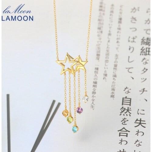 LAMOON 925 Sterling Silver NecklaceStar Tassel Shooting Star Gemstone Pendant 14K Gold Plated Fine Jewelry For Women LMNI098