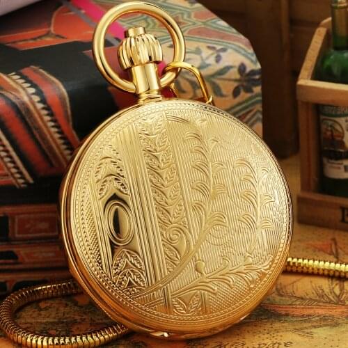 Golden Carved Mechanical Pocket Watch Luxury Copper Case Clock Self Winding Arabic Numerals Thick Chain Necklace Pendant Watches