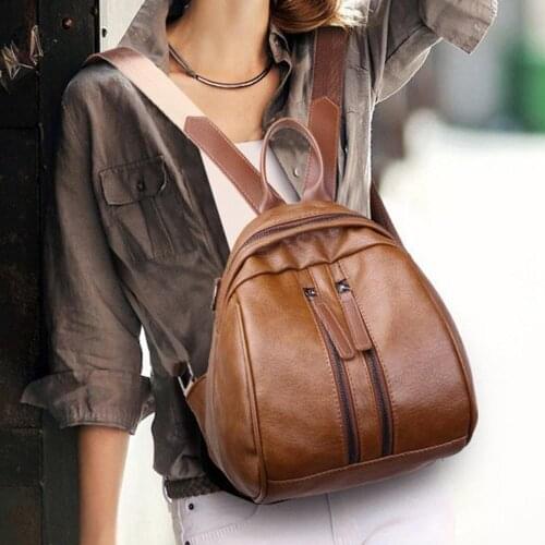 2021 Fashion Women Casual Solid Color Multi-pocket Shell Shape Zip Faux Leather Female Backpack Ladies Backpack Travel Bag Pack