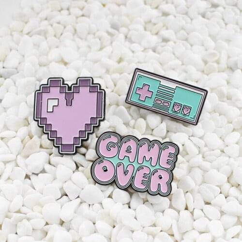 Cartoon cute game console handle button Tetris heart shape "GAME OVER" letter Purple brooch Creative personality badge