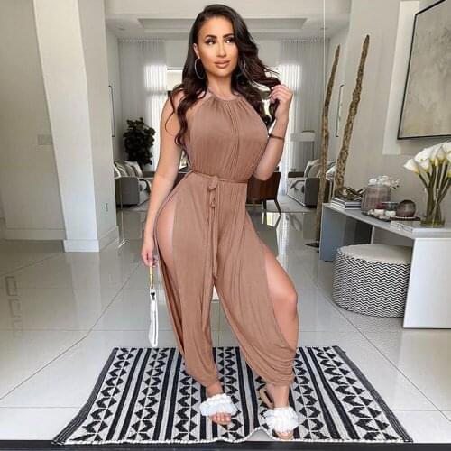 Neon Yellow Beachwear Romper Women Jumpsuit Round Neck Sleeveless Baggy One Piece Overall Summer Side High Split Loose Outfits