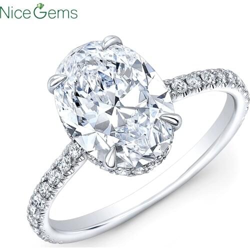 NiceGems Solid 18K White Gold Center 12x8.5mm DF Color 5.5ctw Morden cut Oval Moissanite Engagement Ring Hidden Halo pave set