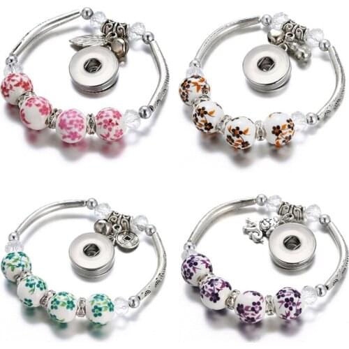 New SG0067 Vintage ceramics Beads Trendy snap Bangle Bracelets Resilient fit 18MM snap button jewelry wholesale