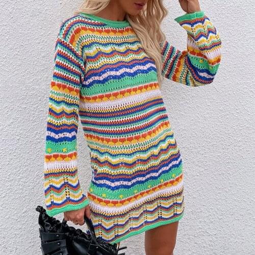 Casual Knitted Sweater Dress 2021 Autumn Splicing O-neck Slim Long Sleeve Pullover Midi Jumper Fashion Rainbow Stripes Outerwear