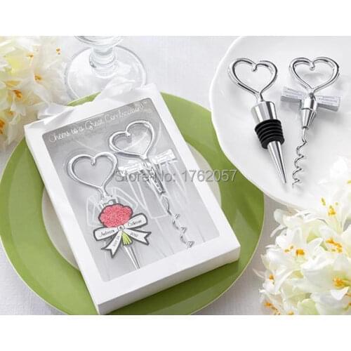 Bride and groom Bottle Stopper and Opener Two Hearts Wine opener Favor Set Wedding Favor 6boxes=12pcs/lot