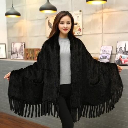 New Genuine Knitted Mink Fur Scarf Women Natural Mink Fur Shawl With Tassel Fashion Lady Winter black Brown Mink Fur Poncho