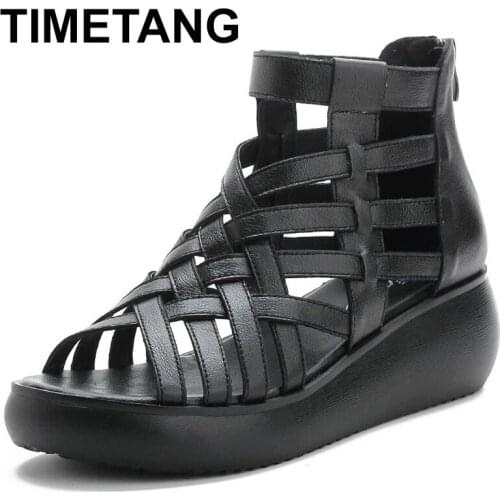 TIMETANG2021 Genuine Leather Summer Shoes Wedges Sandals Women Gladiator Sandals Vintage Open Toe Cross Platform Sandals Female
