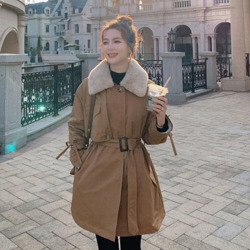 Winter Fur Liner Thick Trench Coat Women Add Velvet Warm Solid Belt Mid-Length Jacket Plus Size Fashion Windbreaker Outwear