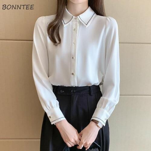 Shirt Women White Elegant Turn-down Collar Embroidery Office Lady Long Sleeve Single Breasted Simple All-match Slim Large Size