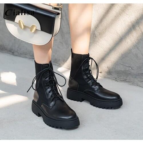 Kanseet Womens Shoes Fashion New Genuine Leather Lace Up Chunky Heel Round Toe Ankle Boot 2020 Patchwork High Heel Boots