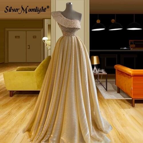 Ruffledcollar One Shoulder Beaded Evening Dress Plus Size Dubai Celebrity Dresses Wedding Party Gowns A-line Prom Dress