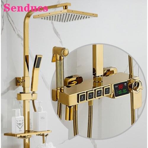 Gold Bathroom Shower Set Senducs Quality Brass Bathtub Mixer Faucets Gold Shower Sprinkler Suit Thermostatic Shower System