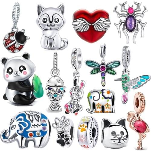 100% genuine 925 sterling silver original charms flamingo ladybug dragonfly CZ panda elephant kitty pendant making woman jewelry