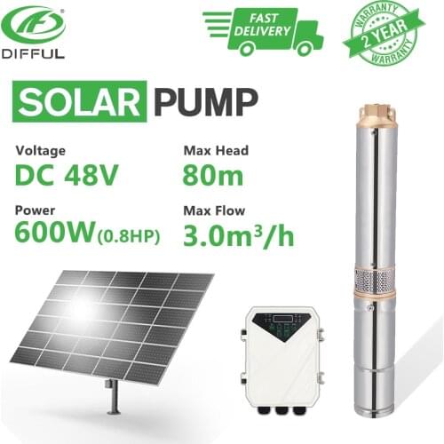 3" DC Submersible Solar Water Pump 48V 600W MPPT Controller Plastic Impeller Bore Hole Irrigation Kits (Head 80m, Flow 3T/H)