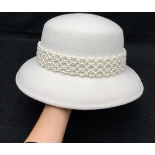 White wool Pearls bucket hat for women basin cap Hepburn French elegant fashion celebrities fisherman cap