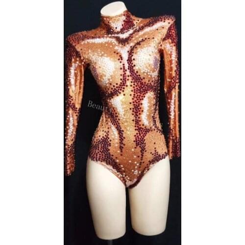 Sparkly AB Beads Orange Bodysuit Sexy Big Stretch Outfit Nightclub Shining Rhinestones DS Costume Female Singer Dance Leotard