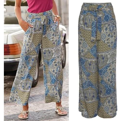 2021 New Women Fashion High Waist Pants Printing Easy Trousers Long Pants Boho Beach Pockets Pants High Quality Daily Comfy Pant