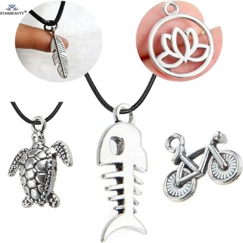Starbeauty New Lotus Bike Turtle Fish Leaf 16" Long Necklace Women Men Black Snake Texture Leather Necklace Pendant Neck Jewelry