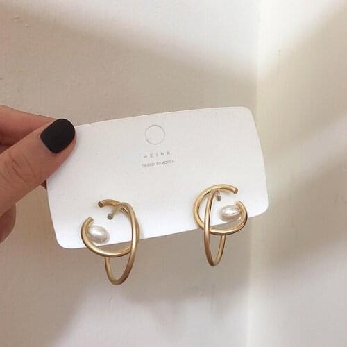 New Design Fashion Jewelry Metallic Gold Double Circle Hoop Earrings Party Geometric Pearl Brincos Earrings for women gift