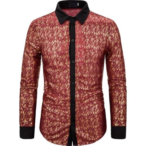 Men Autumn Hot stamping design Long Sleeve Slim Dress Shirt Night club Stage Performance Singer Slim fit shirts Chemise Homme