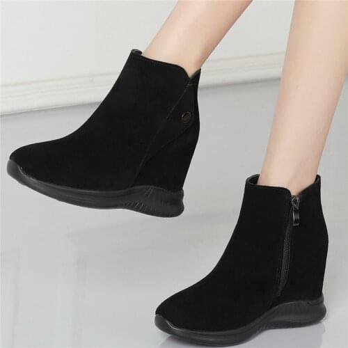 Fashion Sneakers Women Grey Black Genuine Leather High Heel Platform Pumps Shoes Female Round Toe Trainers Casual Shoes US3--US9