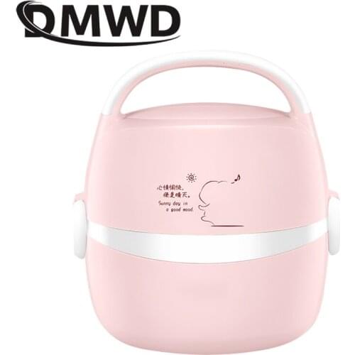 DMWD Mini Rice Cooker Thermal Food Steamer Electric Heating Bento Lunch Box 2 Layers Portable Meal Warmer Heater Dinnerware Sets