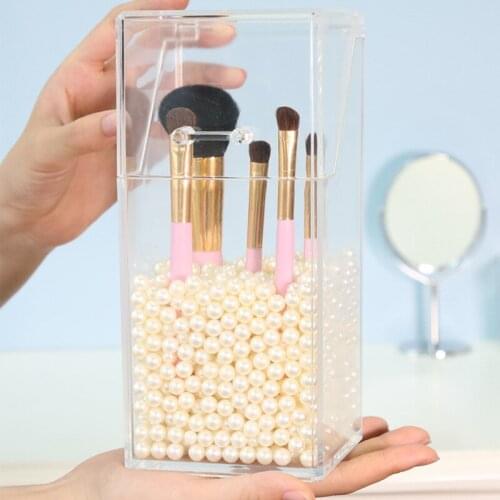 Makeup Storage Bucket Transparent Dustproof Pearl Makeup Brush Cosmetic Storage Box Eyebrow Pencil Desktop Storage Brush Holder