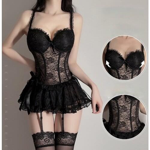 Backless Hollow Out Sexy Lingerie for Women Lace Skinny Suspender Off Shoulder Gather Underwire Mini Dress Erotic costumes New