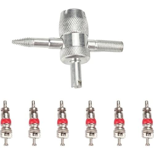 Car Truck Motorcycle Valve core Auto Replacement Parts Four-in-one Valve Tool with 6 Brass Valve Cores Fit for All Vehicle