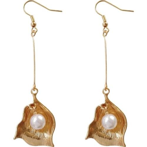 Japan Korea Romantic Metal Flower Clip Earrings With Pearl Long Line Tassel Clip on Earrings No Pierced Pendents for Women