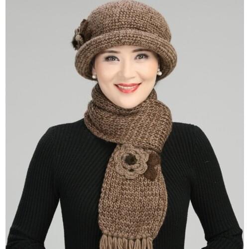 Hand-woven Wool Hat Women Thickened Warm Knitted Cap Mother Christmas Gift Female Winter Lady Elegant Fashion Soft Scarf H7159