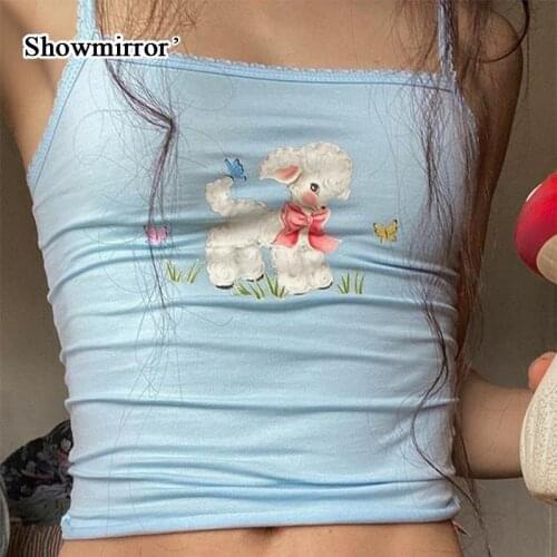 Showmirror 2021 Baby Blue Camisole Streetwear Women Vintage Cute Animal Printed Strapless Crop Tank Tops Y2k 90s Party Vest