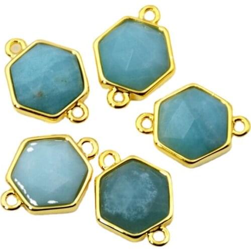 Amazonite Stone Faceted Hexagon Shape Gems Stone Connector Gold Bezel Setting Jewelry Charms Blue Amazonium Bracelet Findings