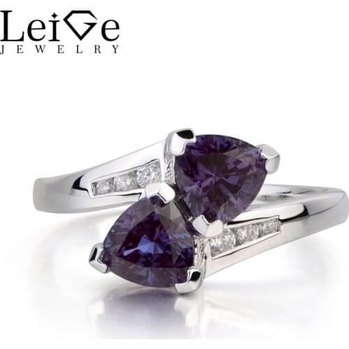 Leige Jewelry Alexandrite Ring Wedding Ring June Birthstone Trillion Cut Gemstone Color Changing Gem 925 Sterling Sliver for Her