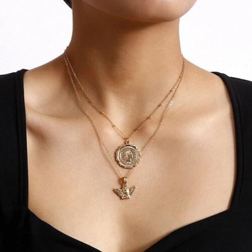 Vintage Round Figure Coin Angel Pendant Necklace Women Fashion Double Layer Geometric Clavicle Necklace Jewelry Gift XR2945