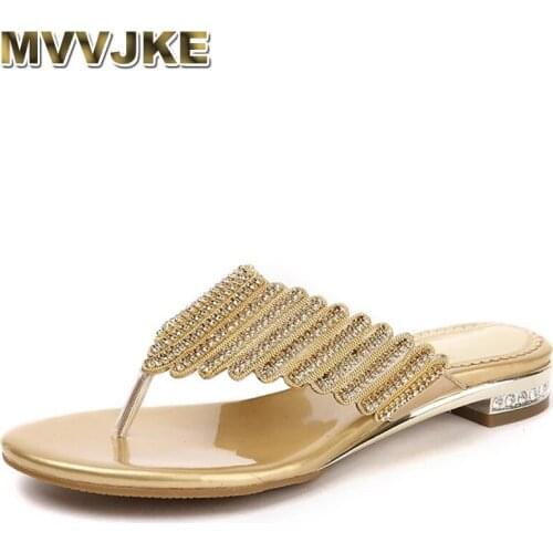 MVVJKE Women Summer Fashion Rhinestone Slipper Sexy Hollow Out Low High Heels Sandals High Quality Party Shoes Woman Flip Flops