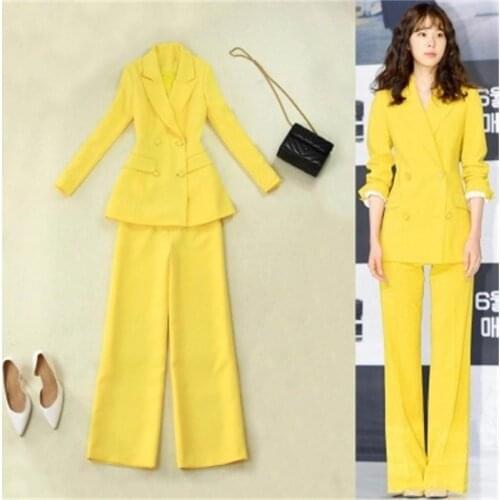 Womens Pant Suits 2018 spring and summer new yellow waist double breasted long section suit high waist wide leg pants suit