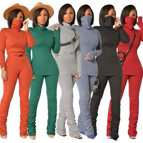 Solid Bandage Fitness Fashion Women Matching Sets Long Sleeve Turtleneck Sporty Workout 2 Piece Outfit Slim Top and Stacked Pant