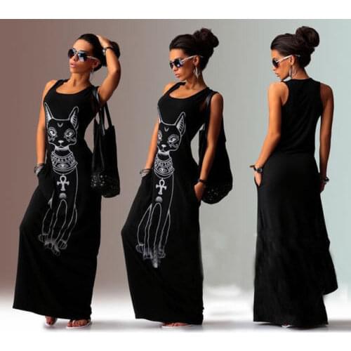 New Women Cat Animals Print Summer Sexy Tank Top Dress Long Maxi Dress Ball Gown Party Beach Sundress