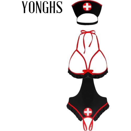 Womens Nurse Sex Cosplay Costume Erotic Sexy Lingerie Set Halter Neck Open Cups Crotchless Tie-on Leotard Bodysuit with Headband