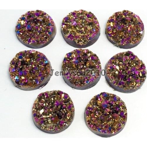 14mm Metallic Purple (No Hole) Druzy Quartz Ag-ate Flat Back Connector Round Cabochon Beads Jewelry 10 Pcs /Pack