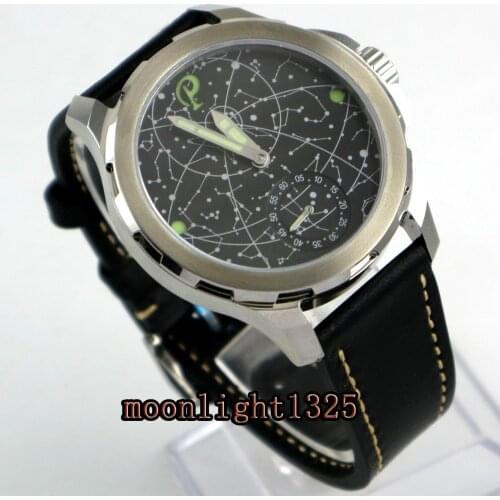 2017 new arrive 44mm mens parnis constellation steel Case Leather Sapphire glass Luminous 6498 hand Winding uhr Watch