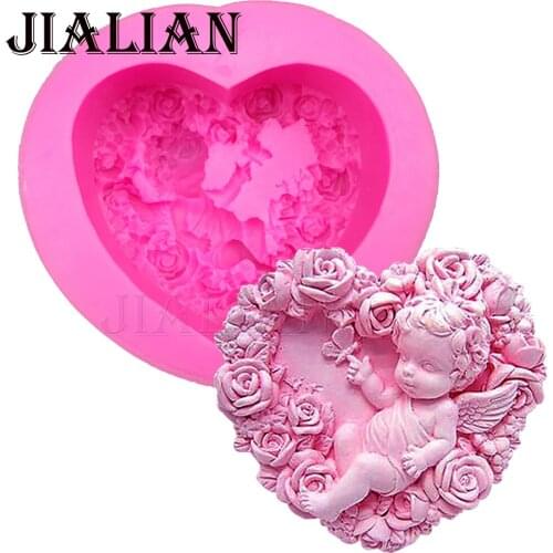 3D heart Love Shape angel boy rose soap mould wedding cake decorating tools DIY baking fondant silicone mold T0120