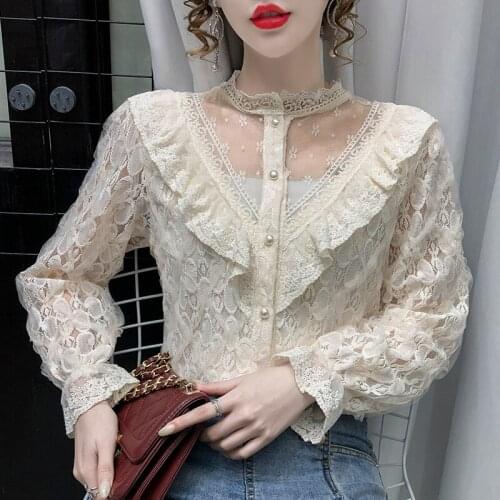 Blusas Autumn V-neck Mesh Stitched Ruffle Blouse Women Elegant Stand Collar Hollow Lace Shirt Flare Long Sleeve Top Women 16850