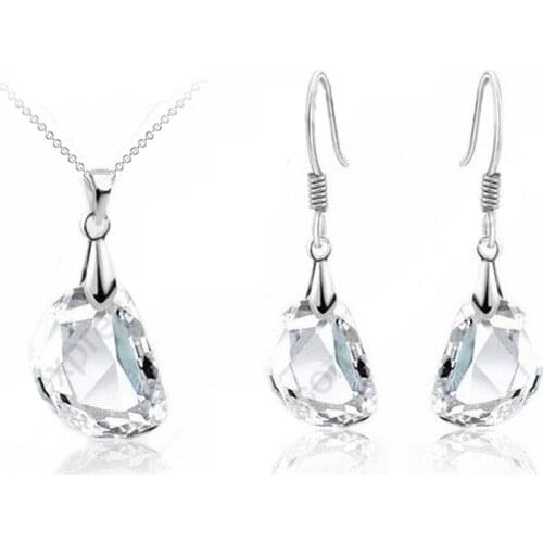 One Set Austrian Crystal 925 Sterling Silver Jewelry Water Drop Pendant Necklaces Lever Back Earrings Woman Accessories